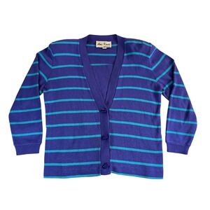 Vintage Ami Knits 80s Cardigan Sweater Size 12 Purple Teal Striped Made in USA